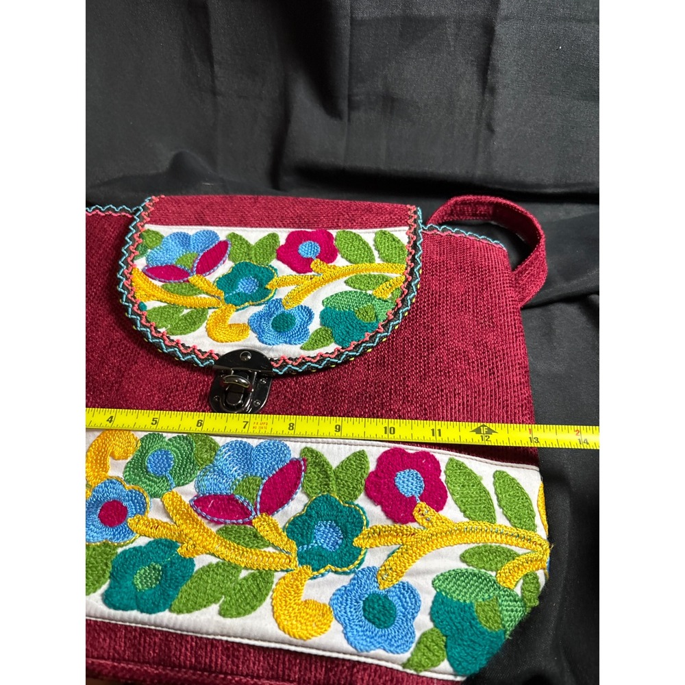 Woven Floral Embroidered Backpack Burgundy Boho Artisan Festival Daypack Small - Picture 4 of 5